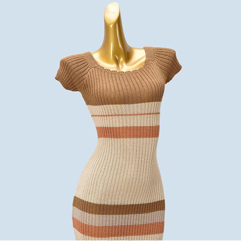 Foreign Trade Order French Style Round Neck Sexy Sheath Long Dress Slim Fit Long Sleeve Knitted Hollow Temperament Short Sleeve Dress Summer