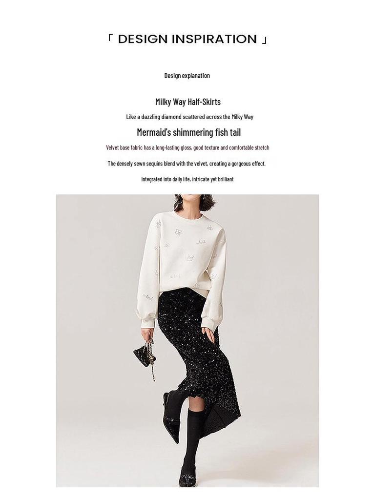 Velvet Sequin A-line Black Skirt - Women's 2025 Autumn/Winter Collection