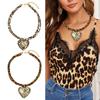 Trendy Double Layer Heart Pendant Necklace with Adjustable Leopard Print Cord Vintage Style Neckchain Jewelry for Women