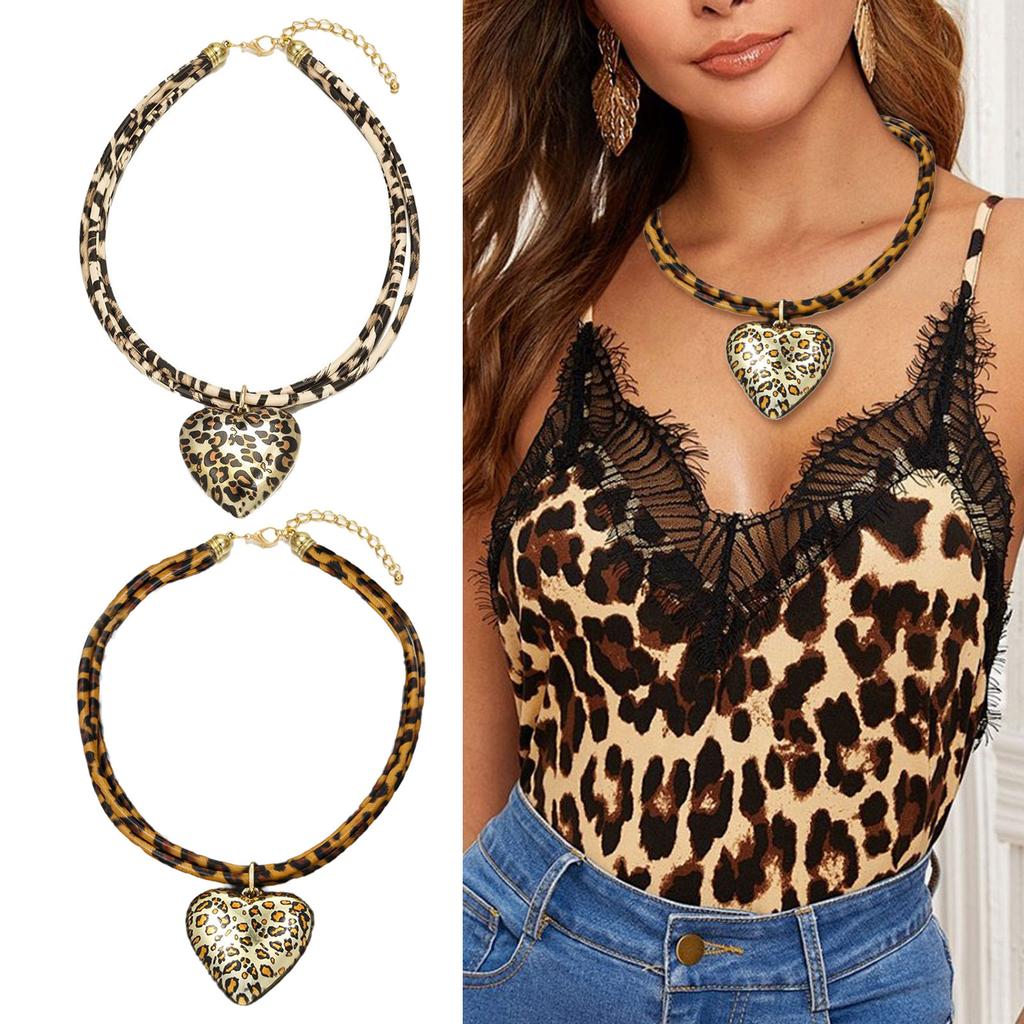 Trendy Double Layer Heart Pendant Necklace with Adjustable Leopard Print Cord Vintage Style Neckchain Jewelry for Women