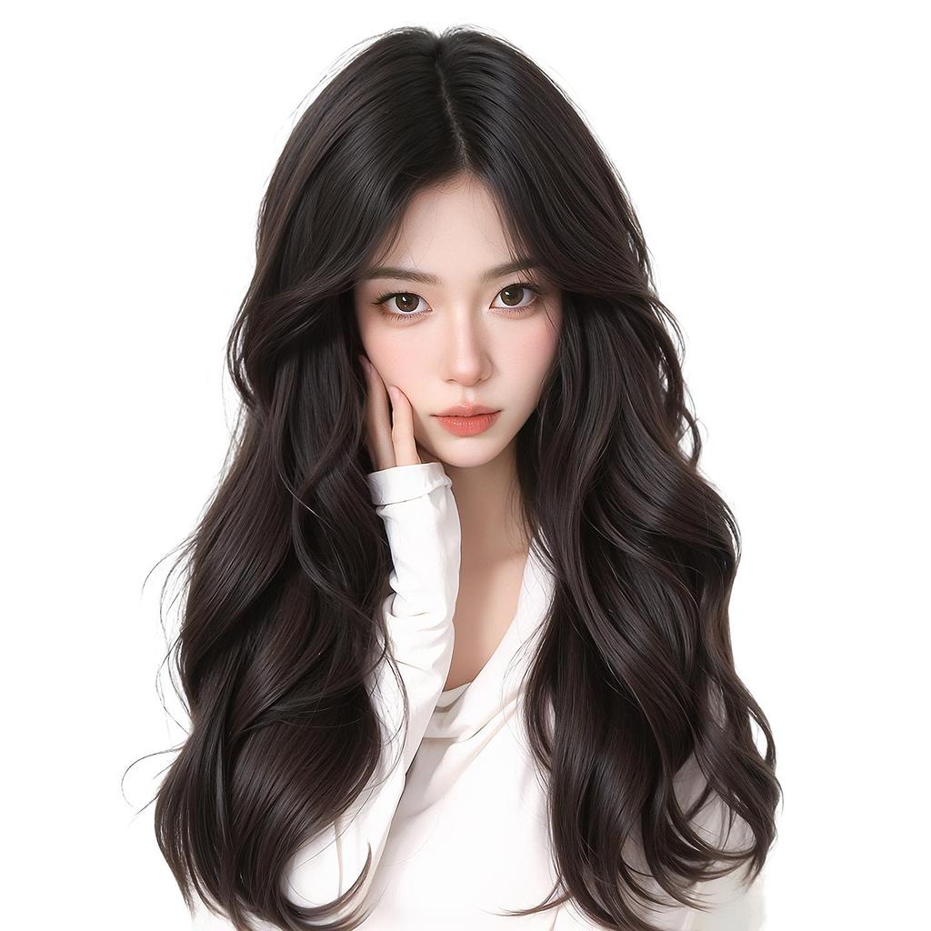 Women's Natural Long Full Cap Wig with Realistic Large Waves and Seamless Middle Part Bangs