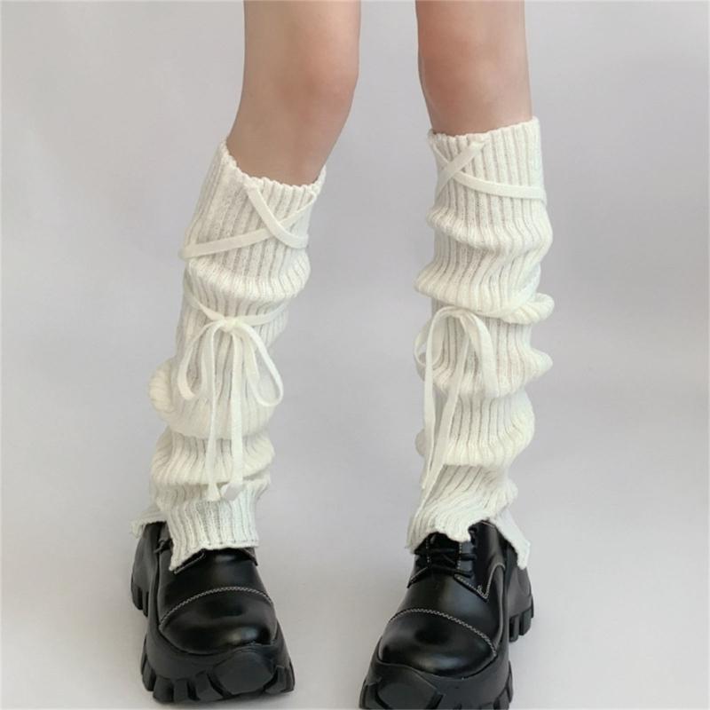 Girls Lolitas Leg Warmers Bows Lace Up Knit Flared Leg Sleeves Goth Baggy Cuffs Ankle Heap Socks JK Uniform Foot Cover