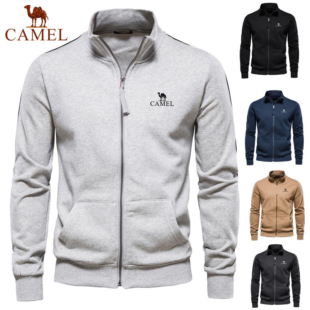 Camel Bestickte Herbst-Winter-Neuheit für Herren mit Stehkragen, Reißverschluss, langen Ärmeln, sportliche Kontrastfarbe, lässige Strickjacke