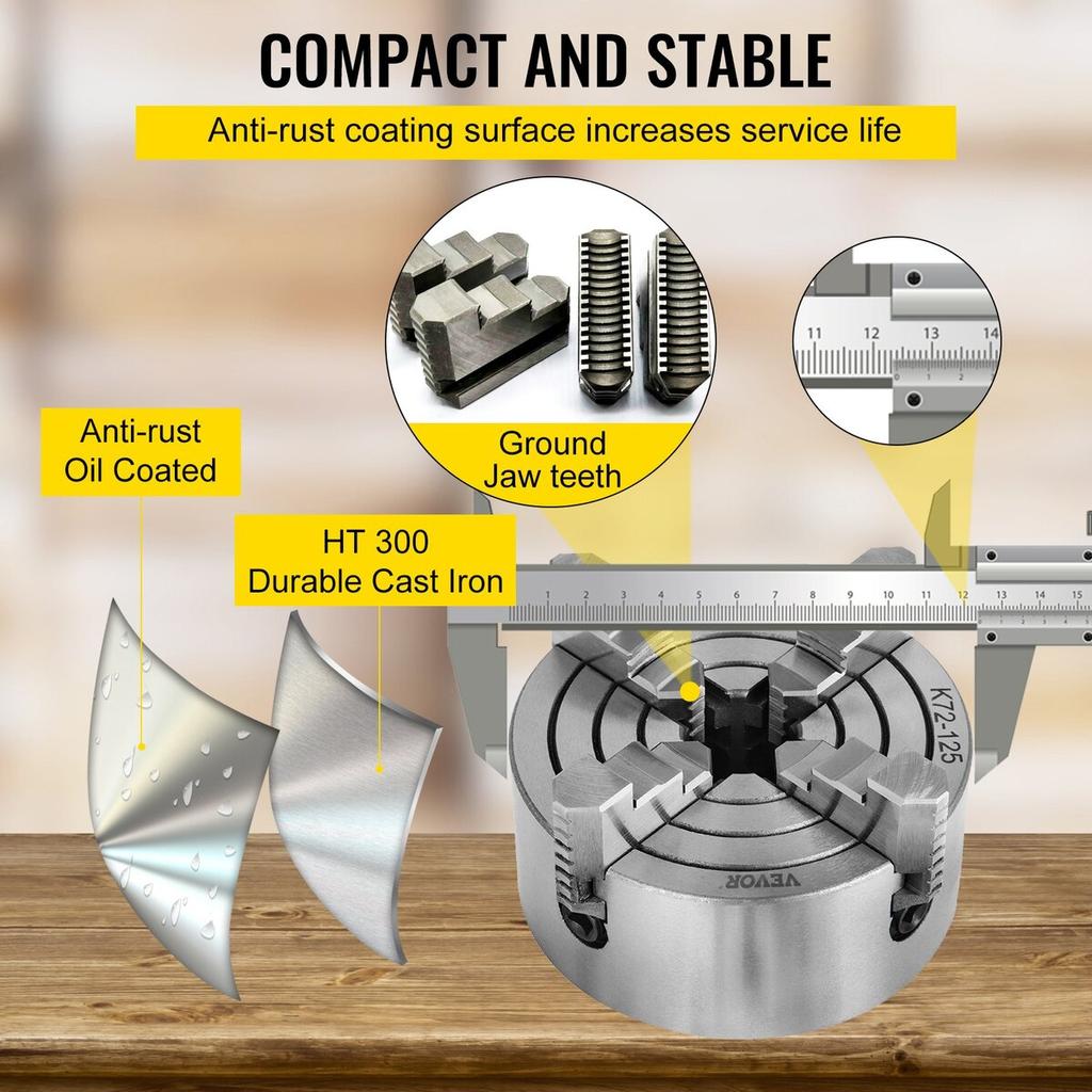 K72-125 5 Inch Lathe Chuck Independent Reversible Jaw 125MM Metal Turning Machine Accessories for Mini Metal Lathe Machine 4 Jaw Lathe Chuck
