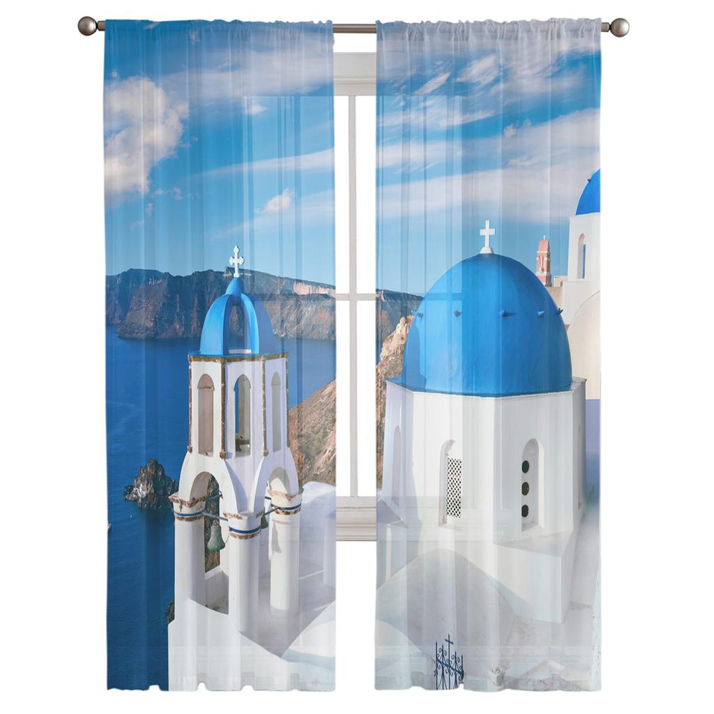 Greece Santorini Blue Roof Church Tulle Sheer Window Curtains for Living Room Kitchen Children Bedroom Voile Hanging Curtain