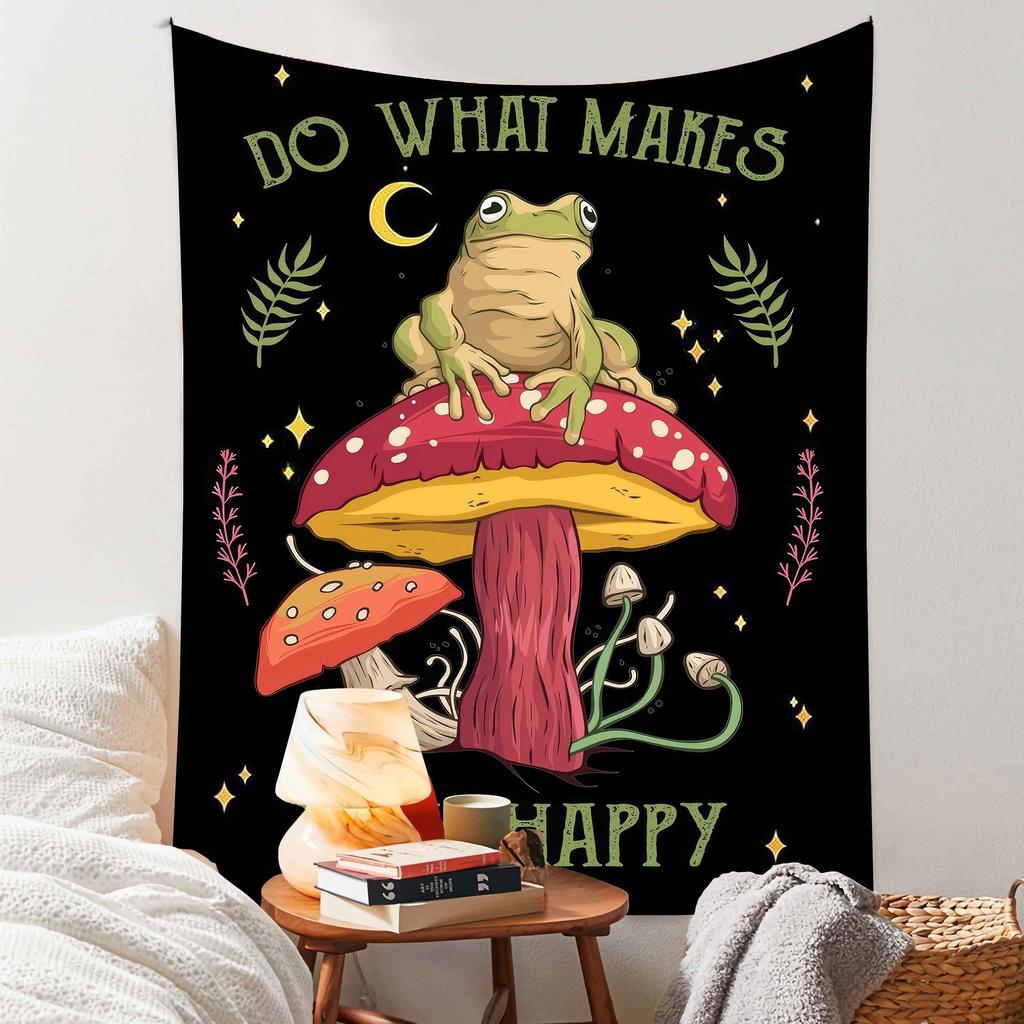 Frog and Mushroom Tapestry Perfect for Inspirational Unique Whimsical Home Decor with Magical Charm and Positive Vibes