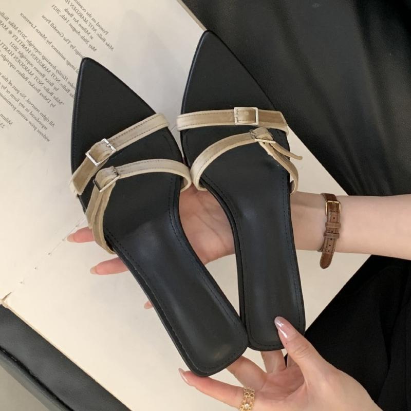 Fashion Fashion Narrow Band Buckle Design Brand Slippers Women Elegant Pointed Toe Kitten Heel Slide Sandals Comfortable Low Heel Sandal