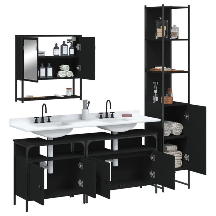 Ensemble de meubles de salle de bain - VIDAXL - 4 pcs - Noir - Bois d'ingénierie - Design contemporain