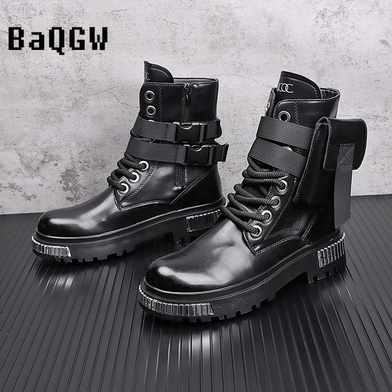 Fashion Metal Patchwork High-Top Shoes Men's Autumn Winter Fashion Trend Cowboy Boot British Style Height Increasing Leather Short Boots