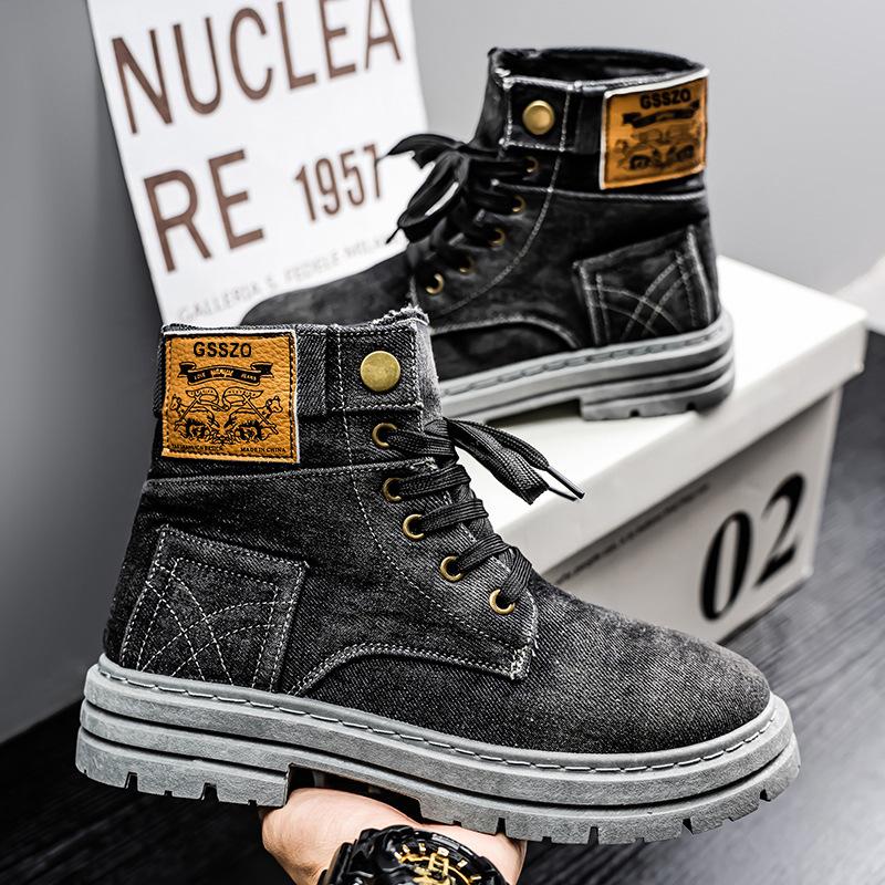 Retro Denim Canvas Boots for Men Trendy High Top Boots Outdoor Street Men's Ankle Boots Platform Working Shoes Botas Masculino