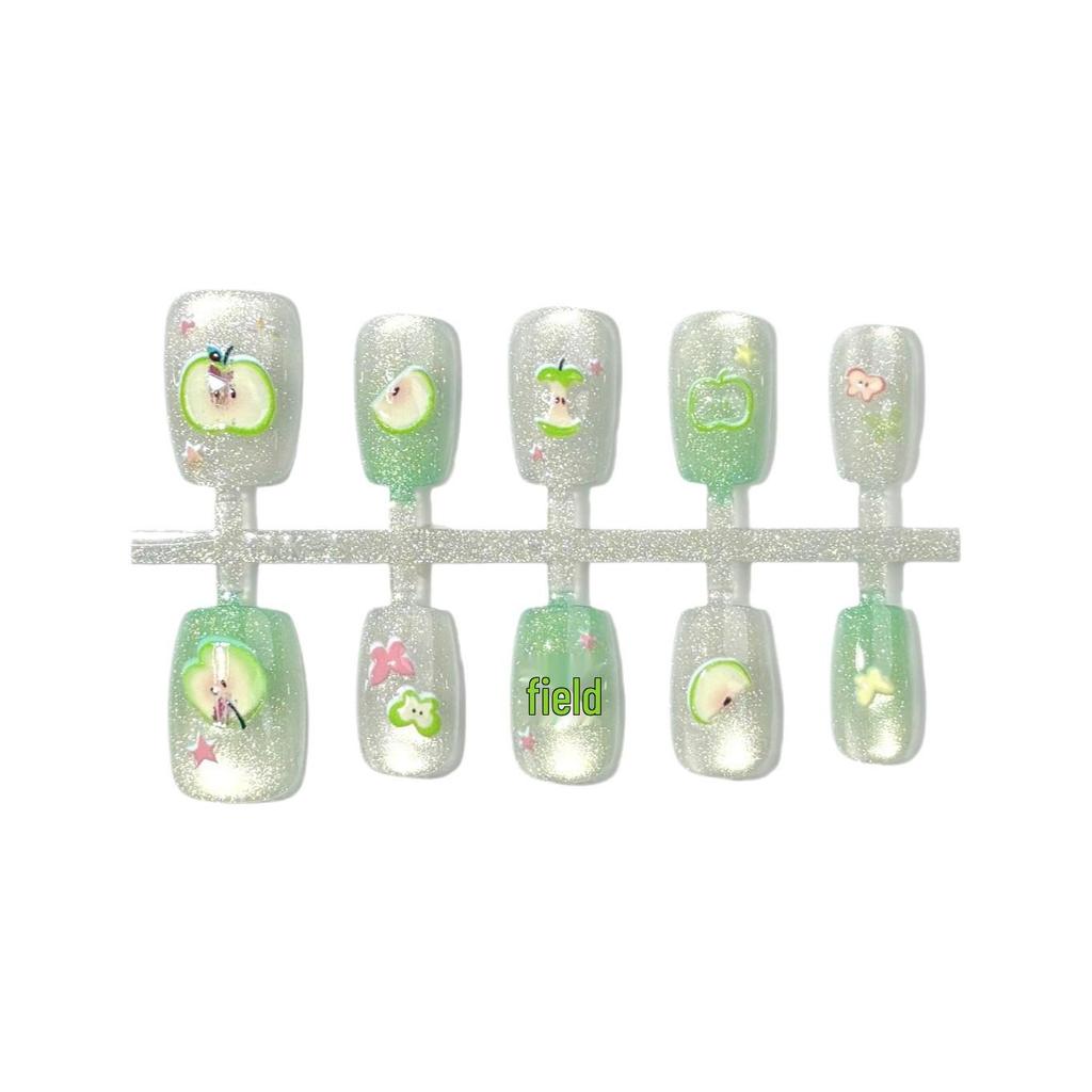 Cute Green Apple Cartoon Cat Eye Wearable Nails for Kids