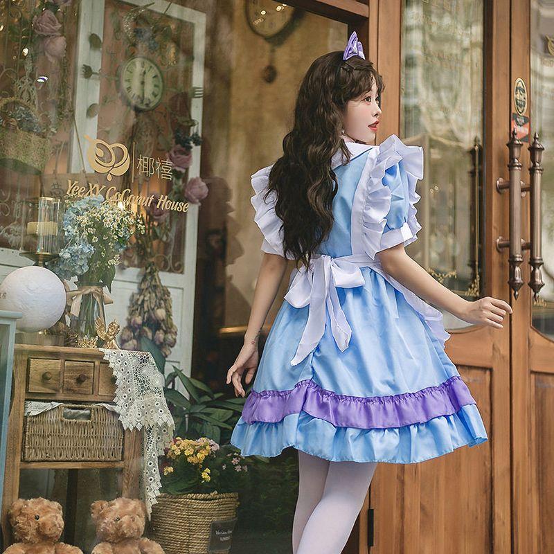 Plus-Size Maid Outfit with Super Cute Big Bow Lolita Dress, Pink and Blue Cute Dress for Women