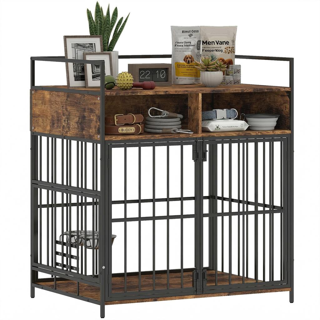 Dog Crate Furniture, Dog Cage with Rotatable Feeding Station and Storage Shelves, End Side Table Indoor Pet Kenne