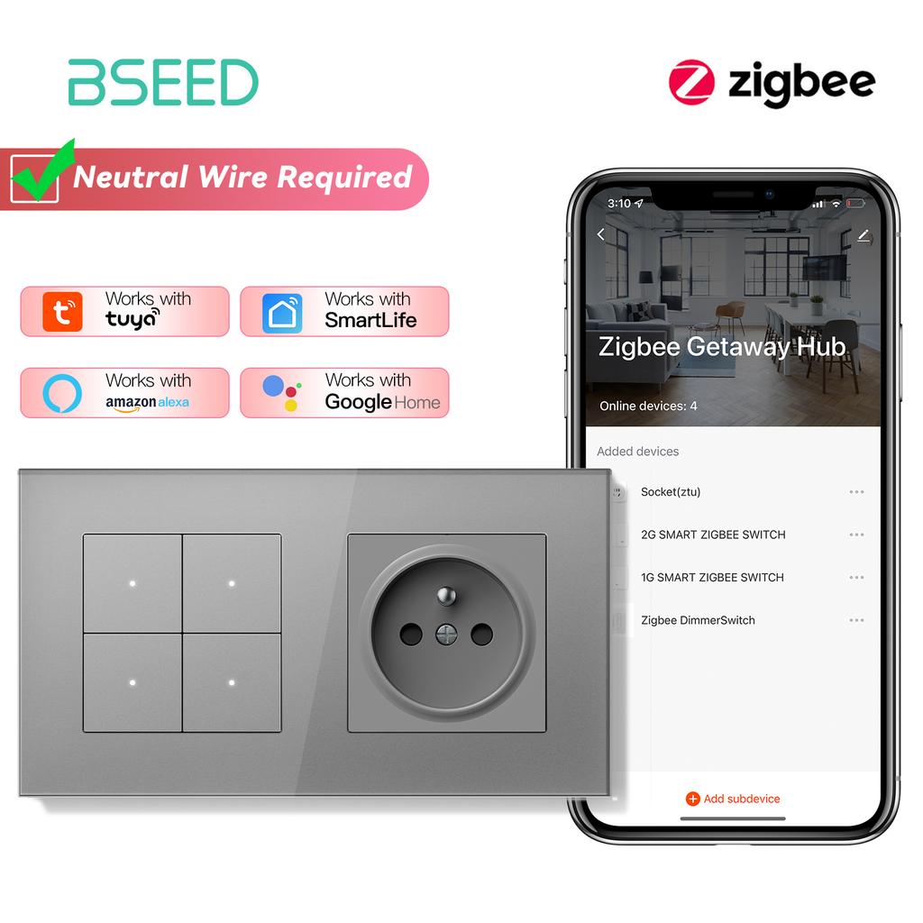 BSEED Zigbee 1/2/3/4Gang Smart Mechanical Button Switches Tuya Alexa Control Plus Normal French Power Socket Plug Glass Panels
