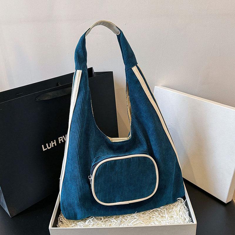 2026 High-end Design Multiple Pockets Bags Simple Commuting Shoulder Bags Corduroy Solid Color Zipper Large Capacity Casual Tote