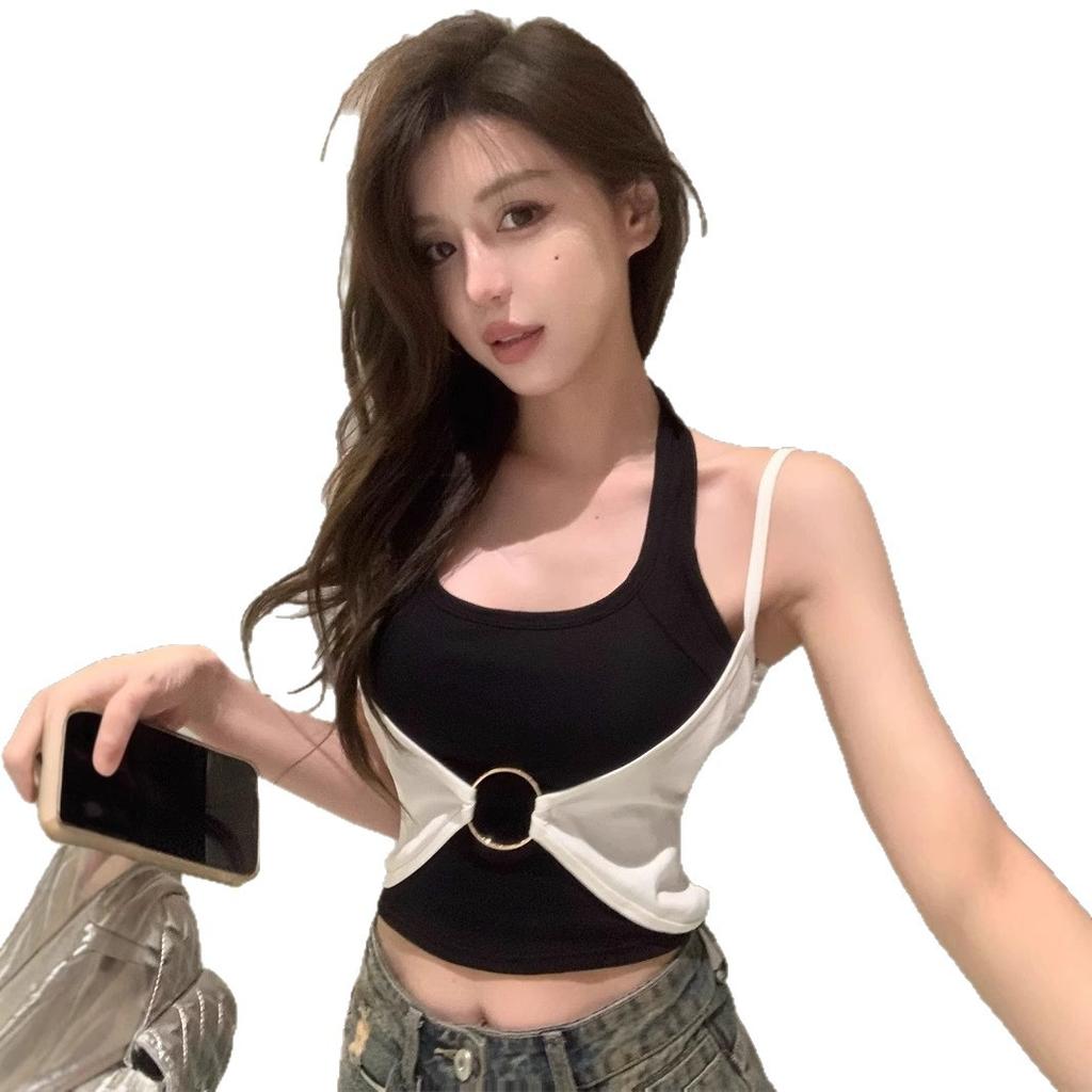 Black and white contrasting colors fake two-piece neck sling vest women's summer sleeveless chest pad with sweet hot girl top outside