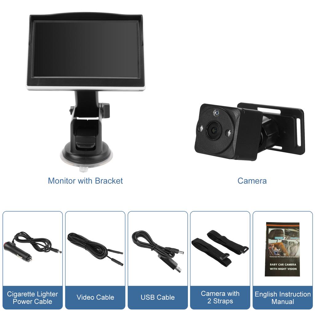 Cámara de Coche para Bebé 1080P, Monitor de Bebé de 5 pulgadas con Función de Visión Nocturna y Ángulo de Visión Amplio de 150 grados, 360 grados