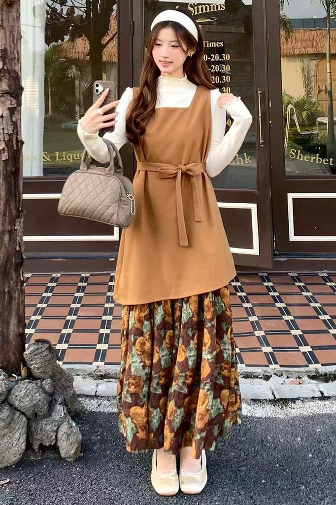 Chubikime Long Dress with Floral Faux Layered Loose and Ribbon Stylish and Feminine for and Women's Two-Piece Print, Design, A-Line, Fit, Detail.