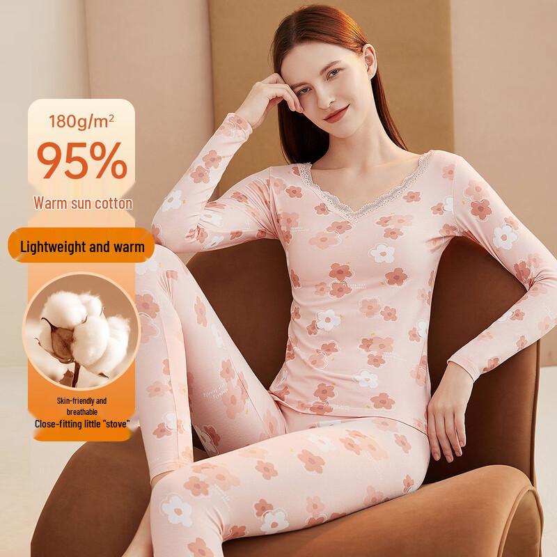 Women's Cotton Floral Print Thin Thermal Underwear Set