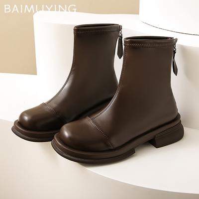 Leder Klobige Damen Stiefeletten Retro Mittelhoch Winter Schuhe 2025 Trend Winter Designer Klassisch Goth Motorrad Botas De Mujer