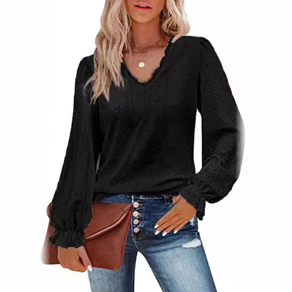 Sexy V Neck Hollow Out Long Lantern Sleeve Loose Blouse Tops Spring Summer Women Lace Patchwork Pleated Hollow Out Shirts S чёрный