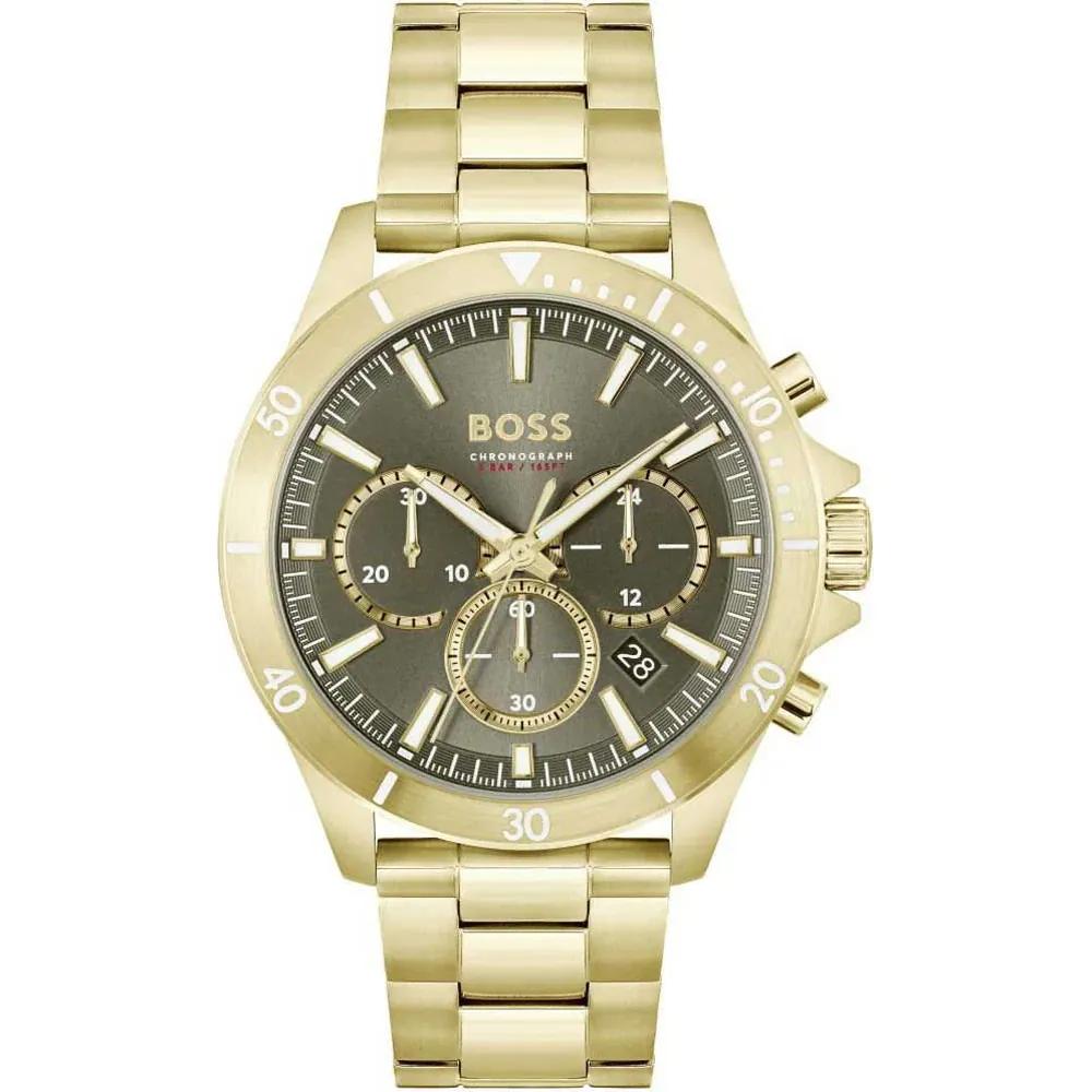 BOSS Troper Green Dial Gold Stainless Steel Bracelet Men s Quartz Watch 1514059 зелёный