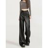 Korean Style Versatile Leather Wide-Leg Pants for Curvy Women - High Waist, Slimming, Black, Spring/Autumn.