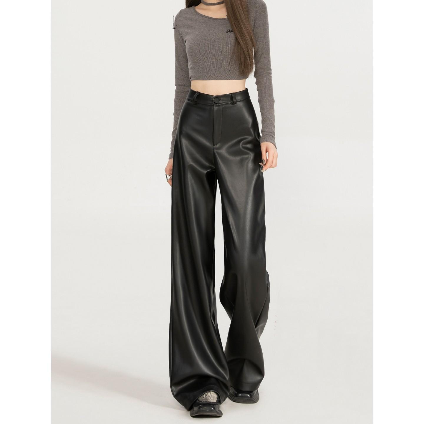 

Korean Style Versatile Leather Wide-Leg Pants for Curvy Women - High Waist, Slimming, Black, Spring/Autumn. 4XL