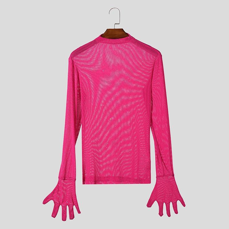 INCERUN Men Mockneck Long Sleeve Mesh Sheer Gloves Tops Slim Glitter Undershirts