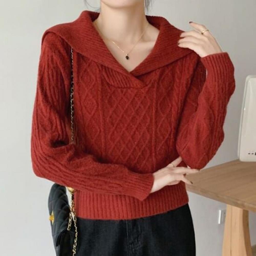 Navava Women Lovely Cable Collar Crop Long Sleeve KniT T Nk2788