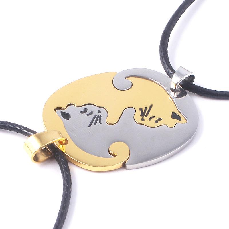 

ZRM Stainless Steel White Black And Gold Pet Cat Kitty Pendant Puzzle Matching Necklace Chain For Couple Lover Valentine 50cm