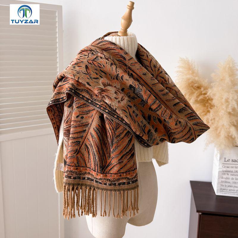 Women's Ethnic Style Double-Sided Jacquard Scarf, 2025 Autumn/Winter Collection: Thick, Warm, Soft Imitation Cashmere Long Snood Shawl.
