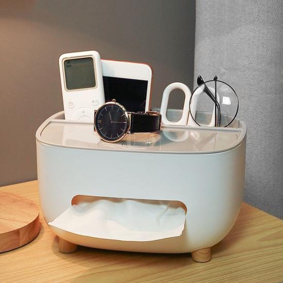 Tissue Box with Multiple Partitions for Remote Controls Watches Glasses Storage Slot Large Opening Design Desktop Organizer