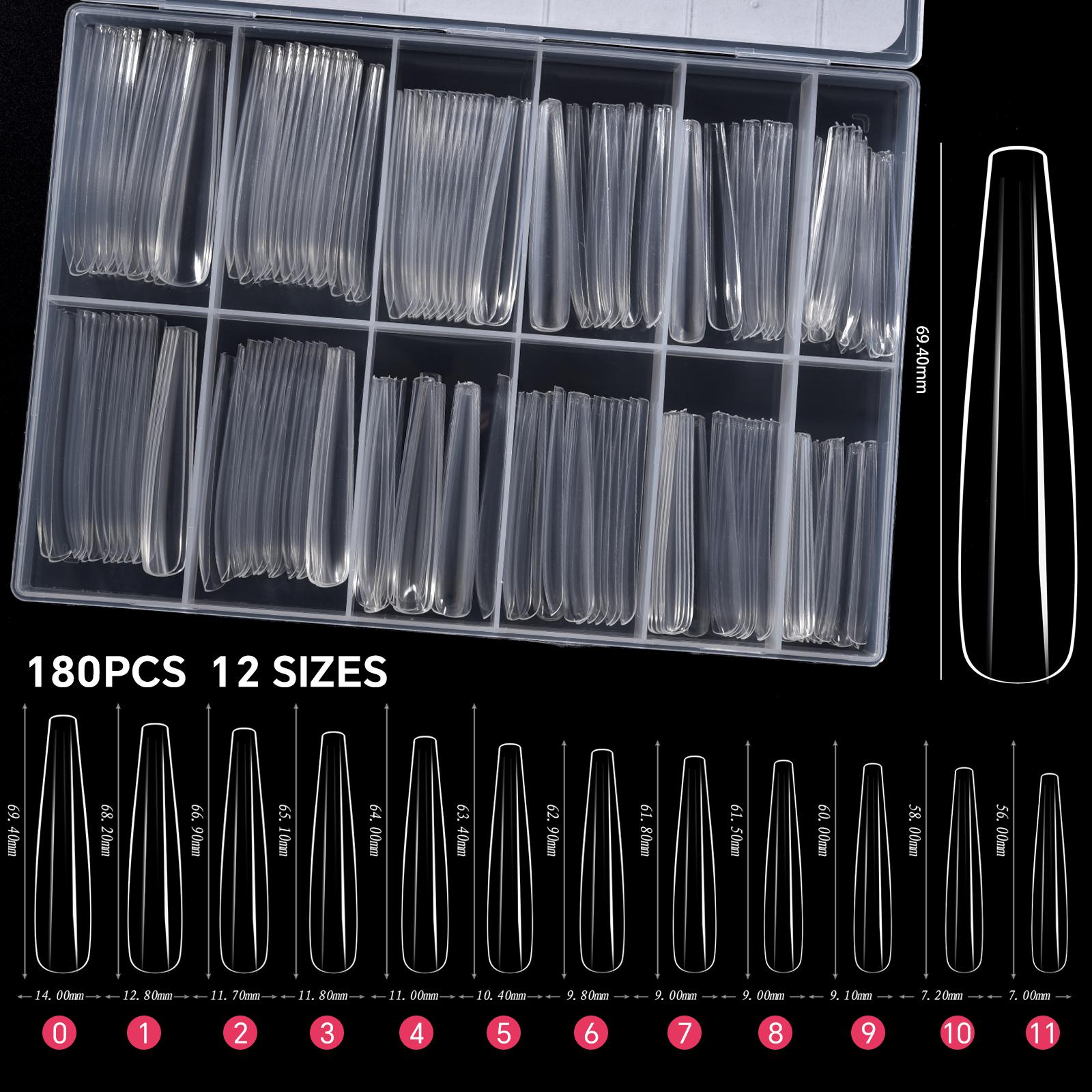 

180 шт./кор. акриловые удлиненные прозрачные накладные ногти, накладные ногти в форме гроба, полное покрытие накладных ногтей, изогнутые прямые ногти в форме буквы C, 12 размеров