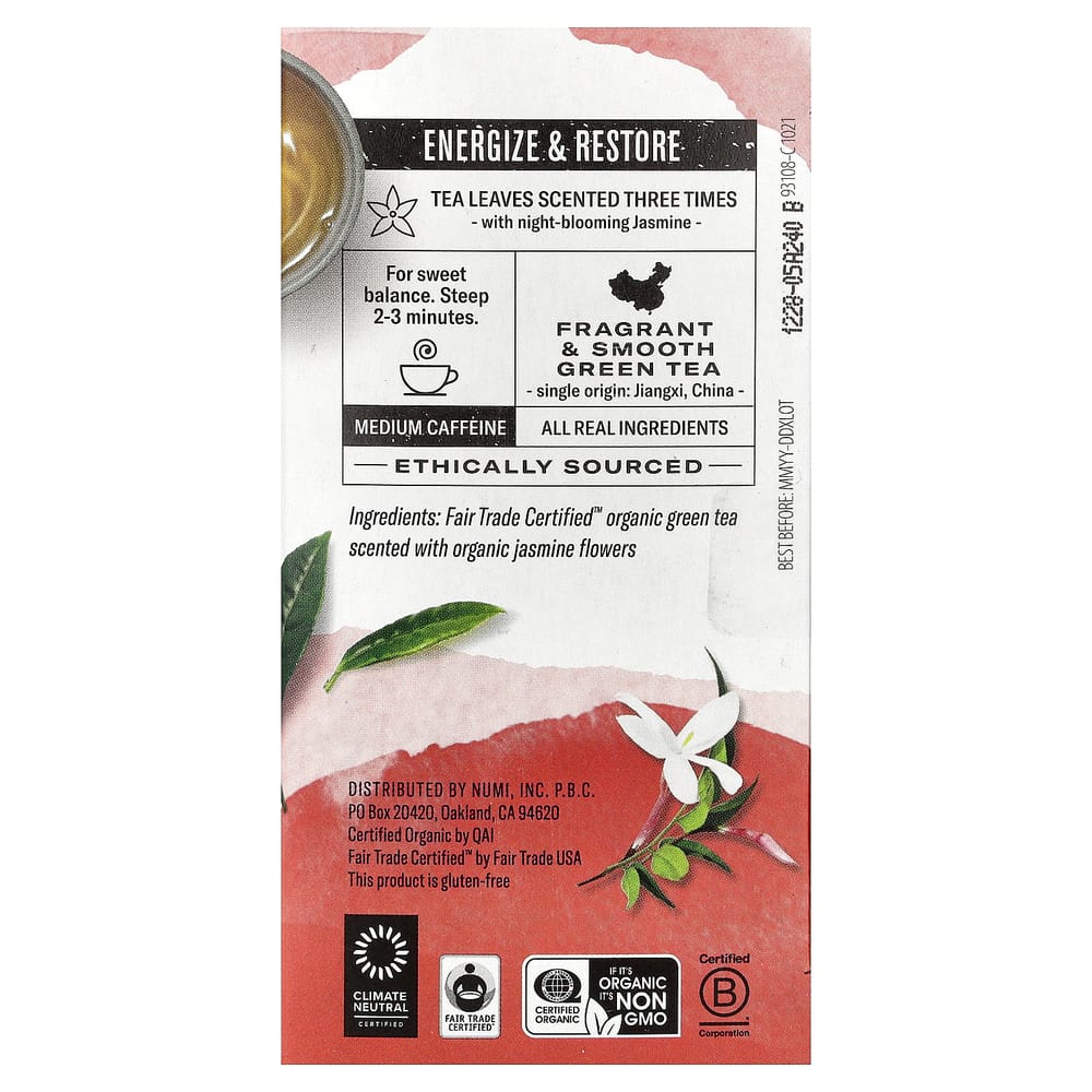 Numi Organic Tea Jasmine Green Tea Bags, 18 Count, 36g (1.27oz)