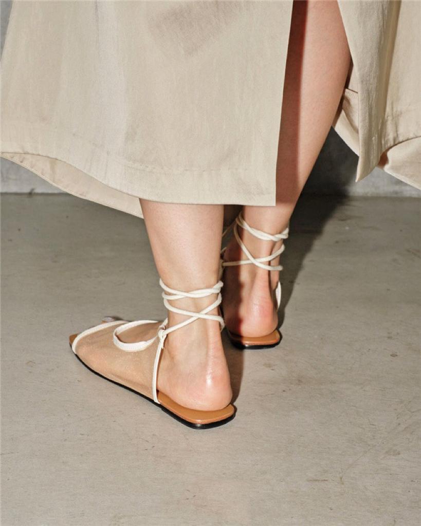 Fashion French Style Square Toe Lace-up Breathable Mesh Open Toe Flats Sandals For Women 2025 Summer Shoes Ankle Strap Sandalias Mujer