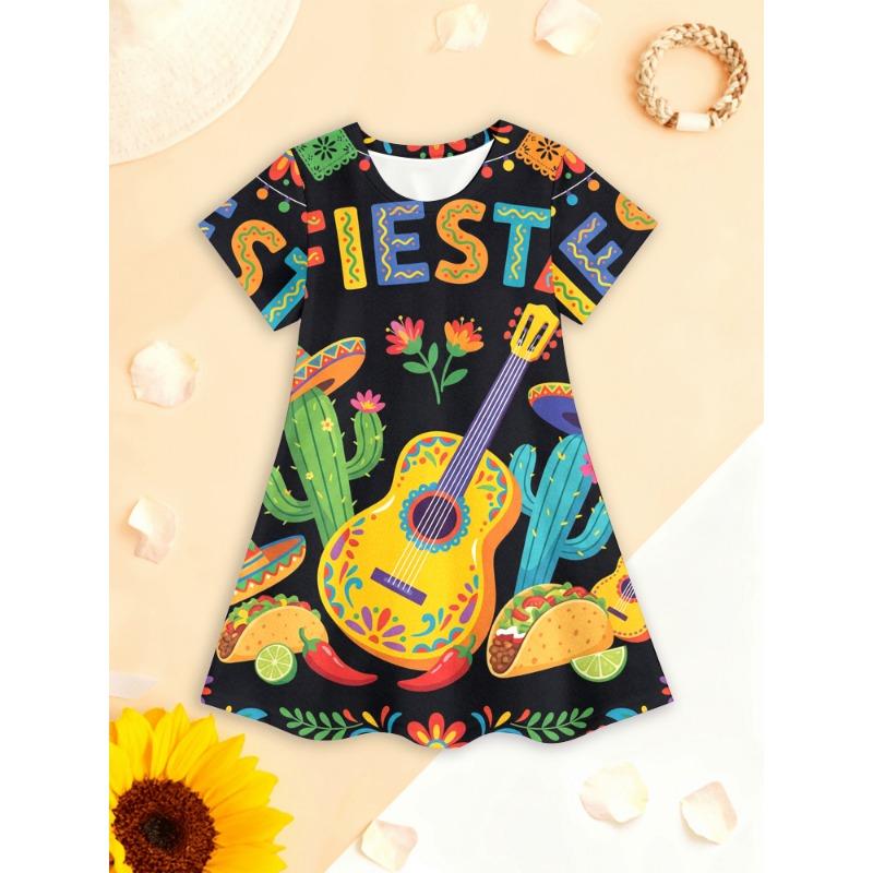 

Girls 3D Summer Dress Cute Fiesta Pattern with Cactus, Guitar And Taco for Birthday Party, School, Beach - Playful Bright Cartoon Design 110