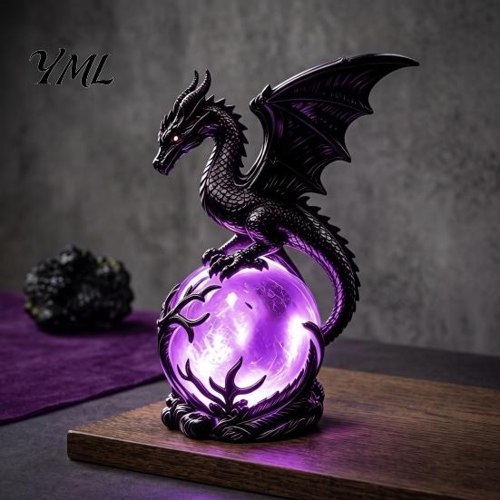 Mysterious Home Decor Gothic Dragon Night Light, Resin Statue with Purple Glowing Crystal Dark Atmosphere Light Sphere, Fantasy Table Lamp for
