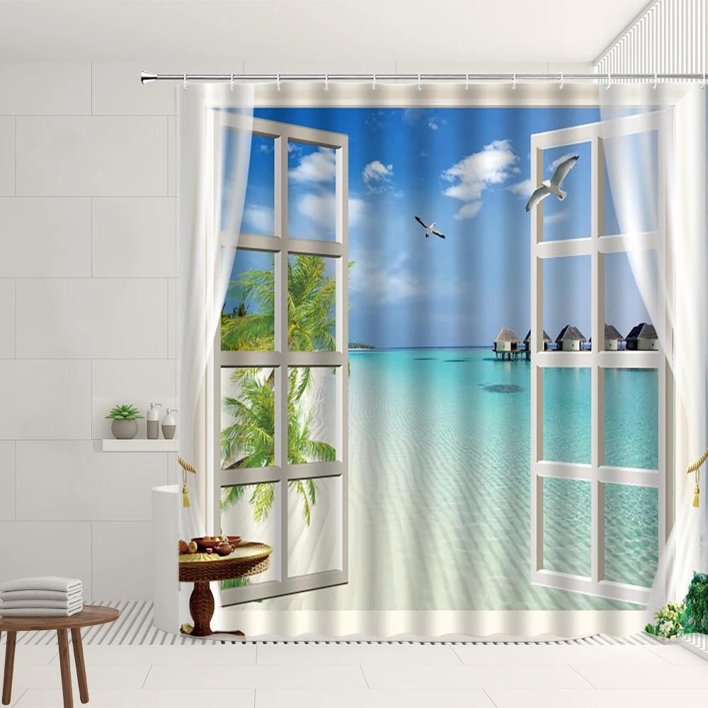 Ocean Scenery Shower Curtain Sets Beach Sail Starfish Boat Seagull Palm Tree Green Grassland Pattern Bathroom Decoration Screens