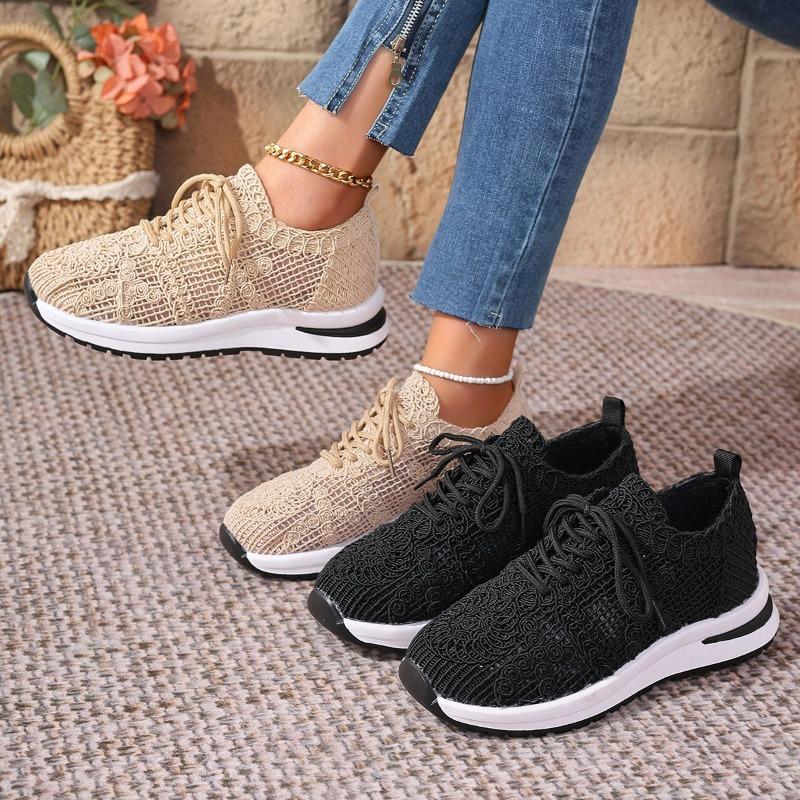 Spring New Comfortable Sneakers Round Toe Embroidered Lace-Up Front Mesh Breathable Non-Slip Flat Sneakers