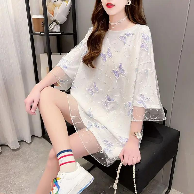 

Женская футболка из двух частей в сетку в стиле пэчворк, новая летняя женская футболка средней длины, корейский свободный топ с круглым вырезом большого размера