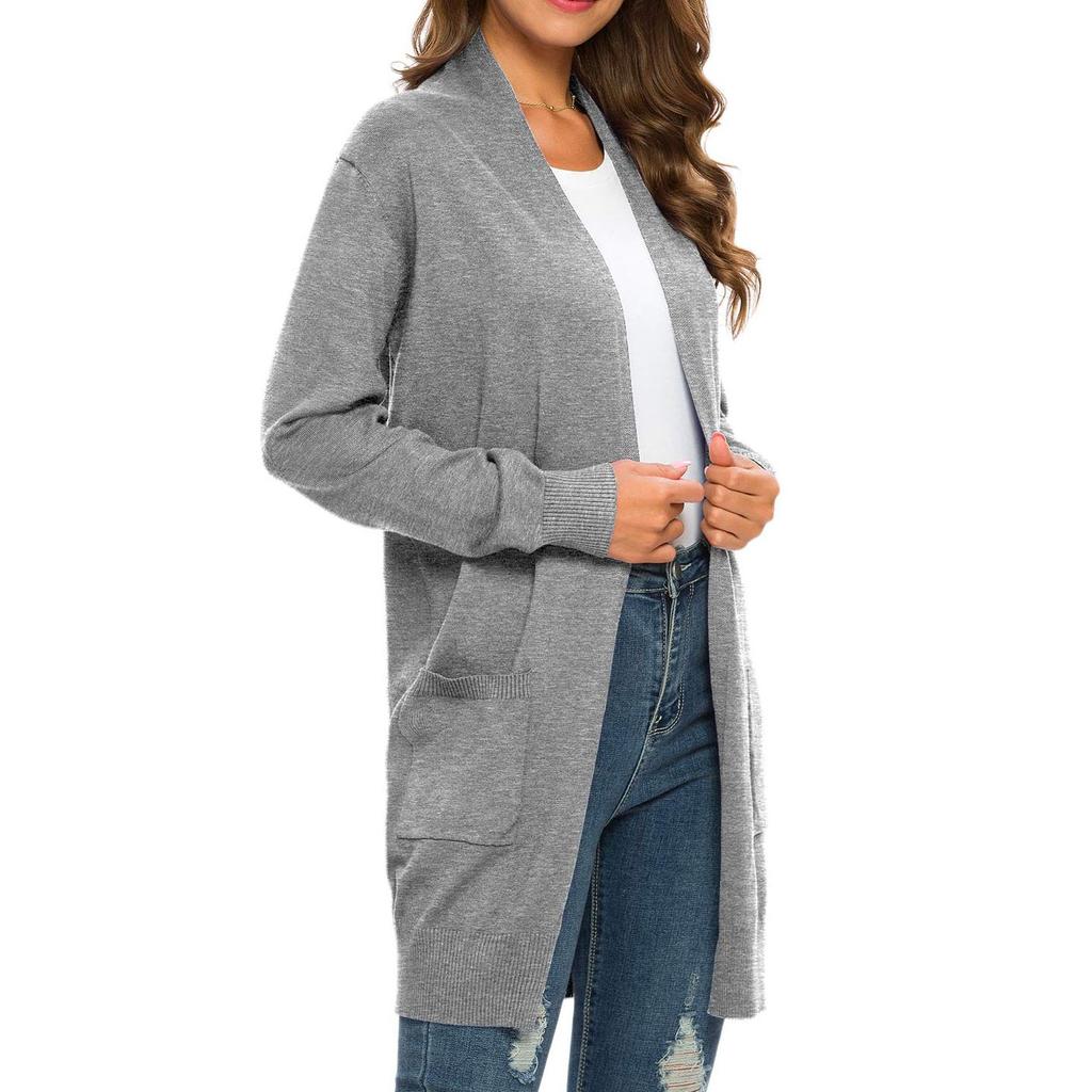 Women Open Front Long Knit Cardigan Sweater With Pockets