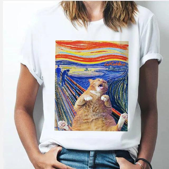 Oil Painting Cat Women's Fashion Personality Spoof Classic Oil Painting T-shirt Women Clothing Tops Harajuku Aesthetic Oversized