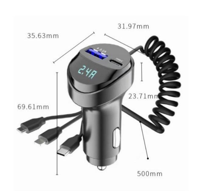 KC08 3-in-1 Retractable 3.1A USB Car Charger with Voltage Display