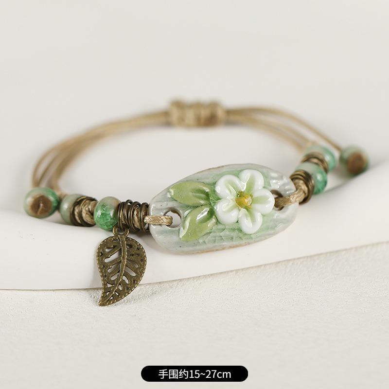 Retro ceramic flower woven bracelet niche literary hand rope small fresh bell bracelet female