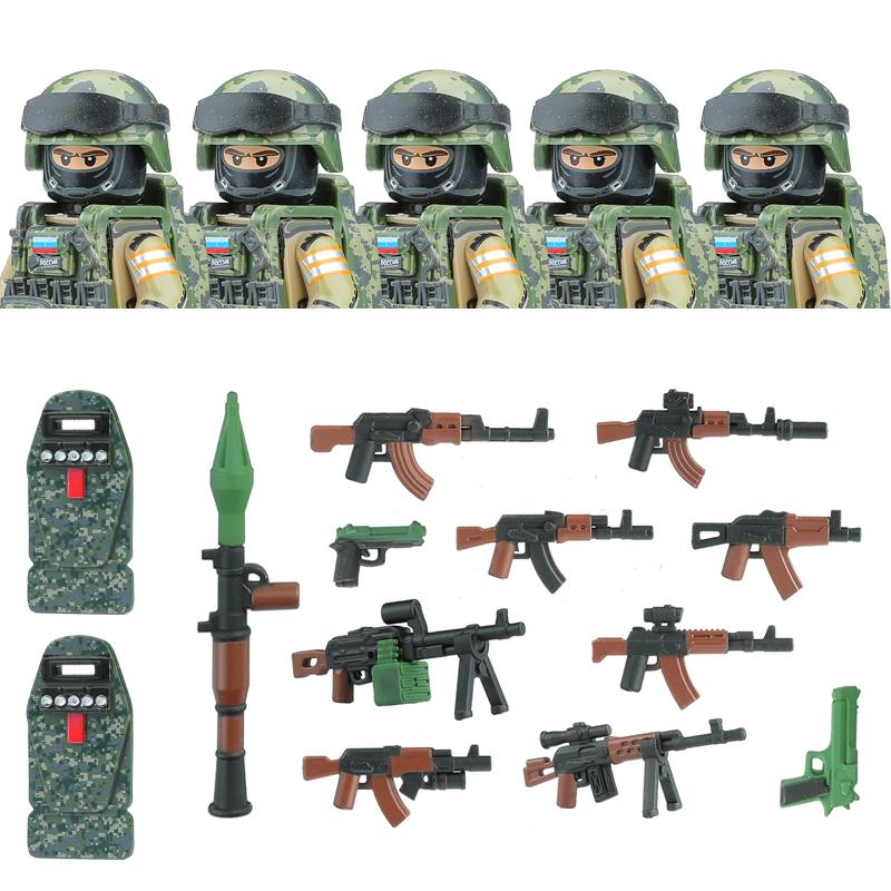Non-Toxic City Police Russia Commando Fsb Special Forces Figures Building Blocks Green Camouflage Shield Army Soldier Military Weapon Toys