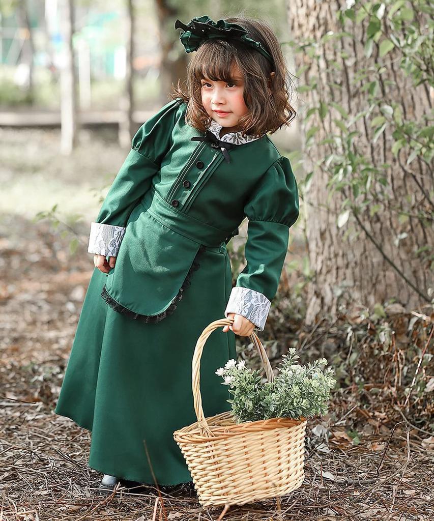 Milky Time Halloween Cosplay Maid Long Western-Style Costume, Women's, Green, (130cm, Kids)