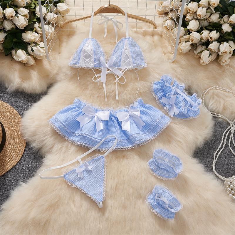 Bow Splicing Lace Edge Y2K Grid Lace-up Neck-mounted Top Sets Women Clothes Block Color Sexy Hot Sweet Mini Skirt Suits Lingerie
