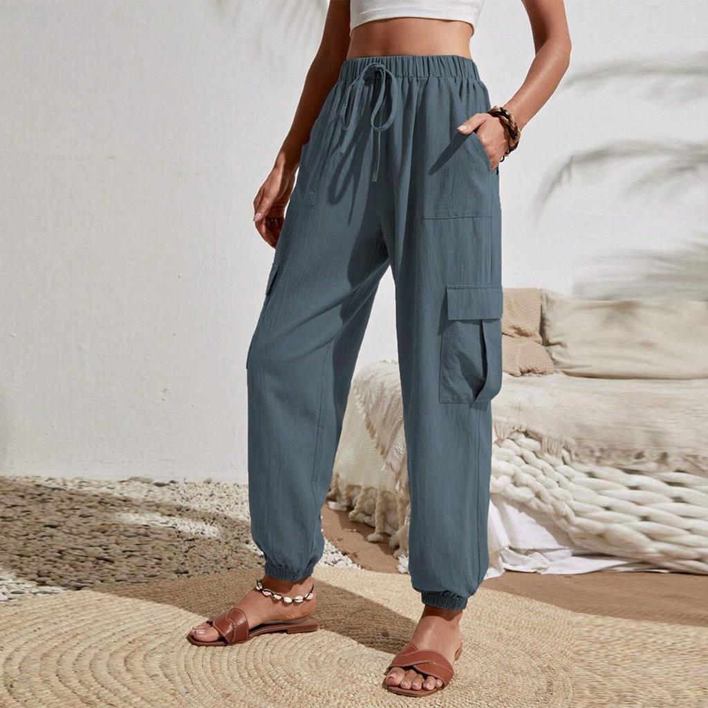 Women's Fashionable Solid Color Elastic Waist Pocket Versatile Casual Work Pants