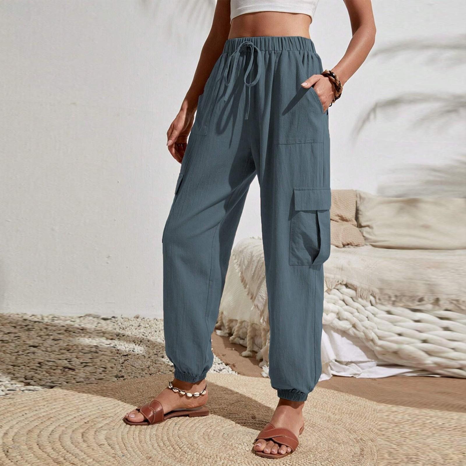 

Жіночі Модні Однотонні Еластичні Штани з Кишенями, Універсальні Повсякденні Робочі Штани M синій